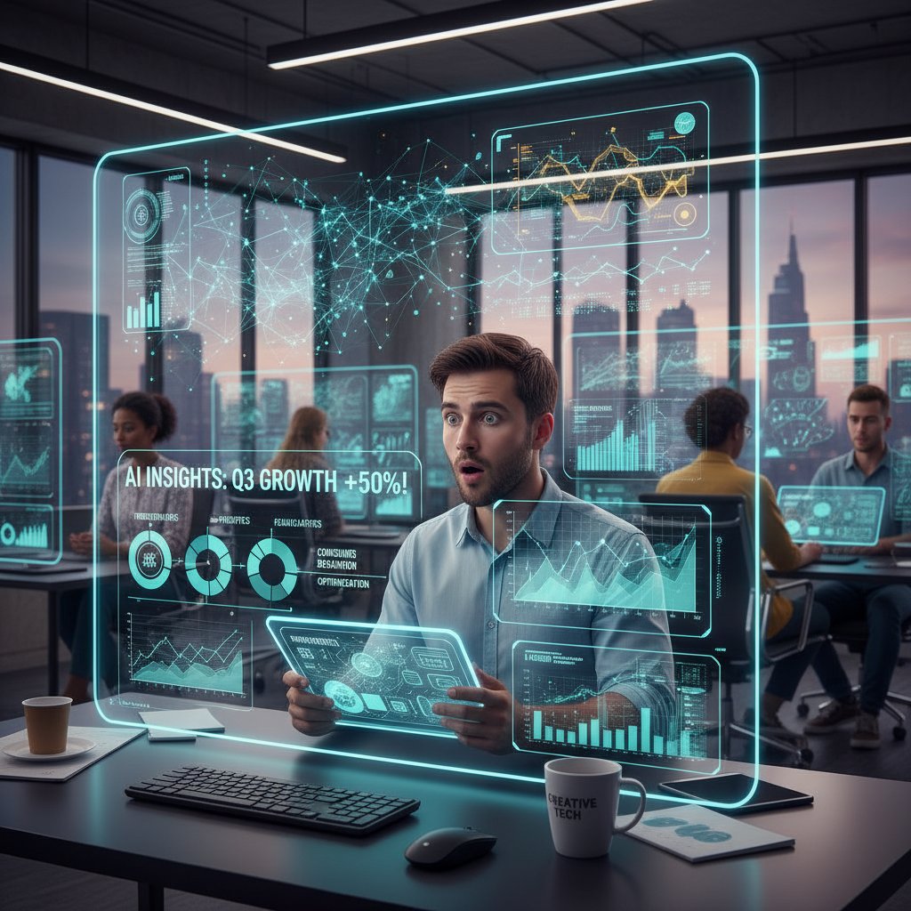 Osoba zaskoczona wynikami analizy danych z AI, symbolizująca konfrontację z mitami