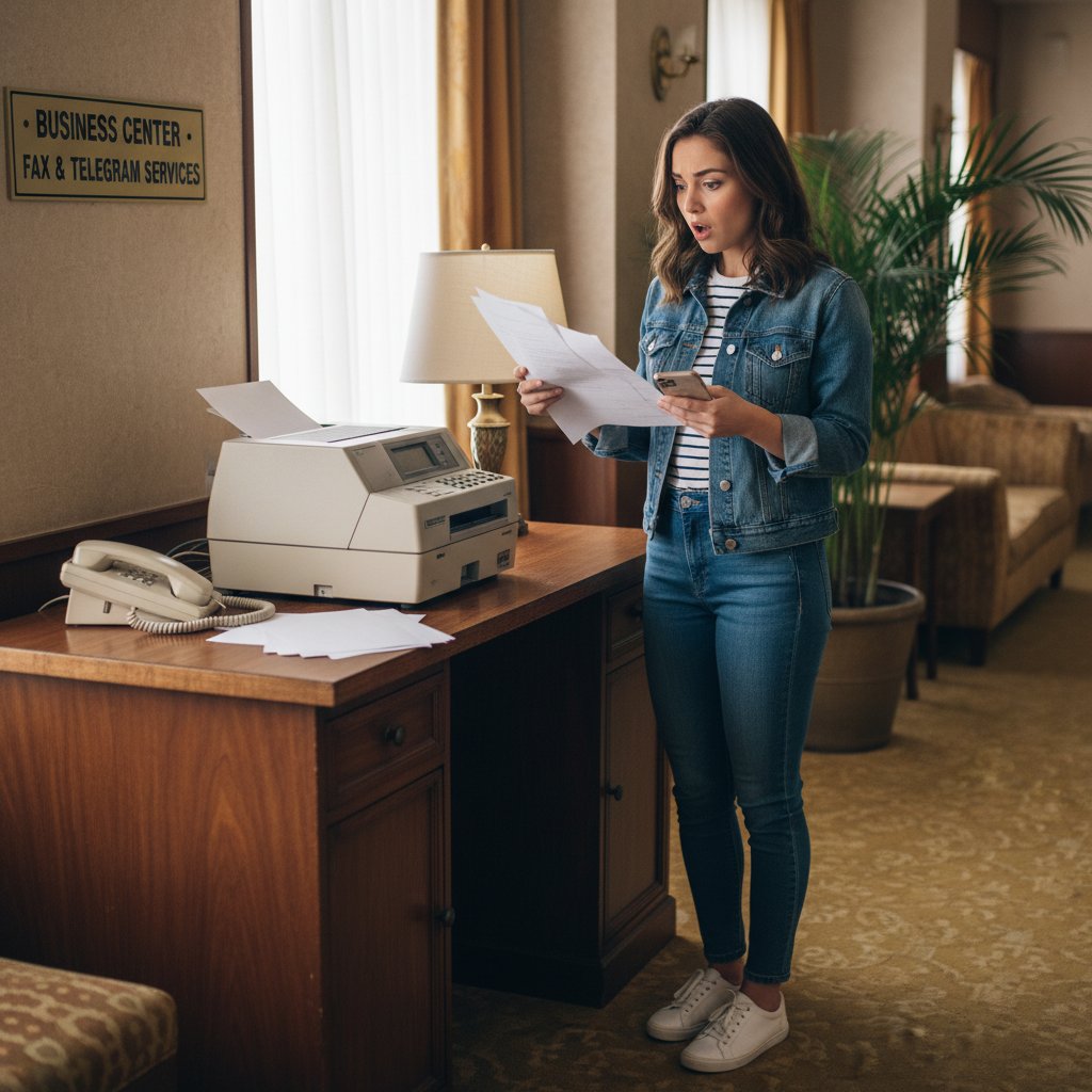 Gość pyta o faks w recepcji hotelu w 2025 roku