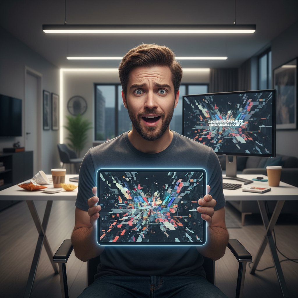 Zaskoczony użytkownik patrzy na ekran z nietrafionym żartem AI, mieszane emocje, nowoczesny pokój