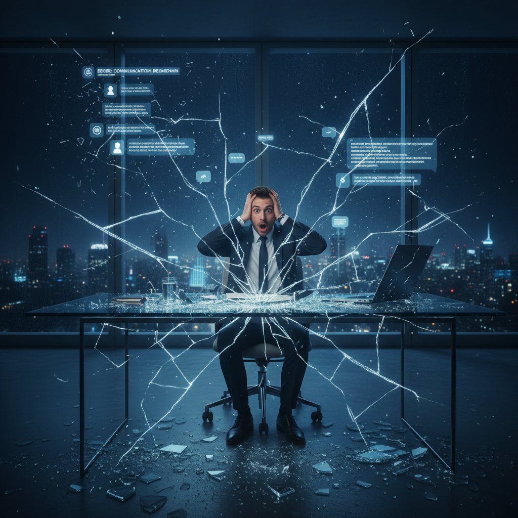 Zaskoczony użytkownik przed komputerem, przerywana rozmowa z czatem, szklane biurko, noc