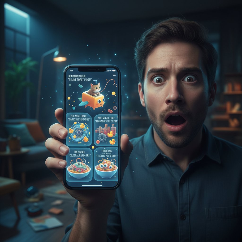 Zaskoczony użytkownik patrzy na ekran smartfona z absurdalną rekomendacją produktu AI
