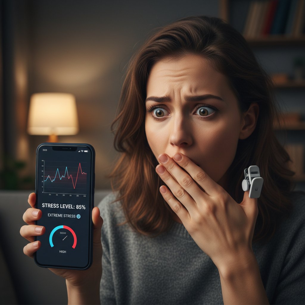 Kobieta patrząca zaskoczona na wynik pomiaru stresu na ekranie smartfona