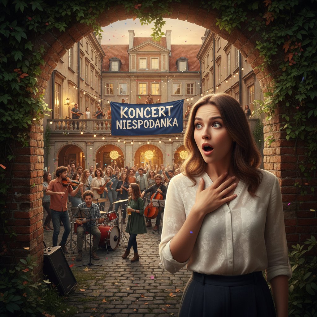 Młoda kobieta zaskoczona ukrytym koncertem w warszawskim podwórku o zmierzchu, żywa atmosfera