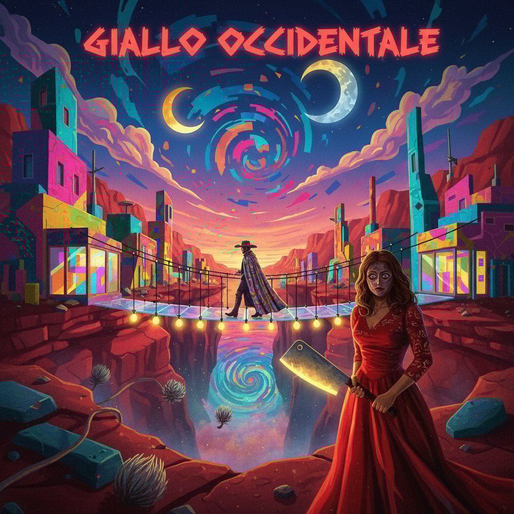 Surreal, colorful photo collage of giallo and western motifs blending together