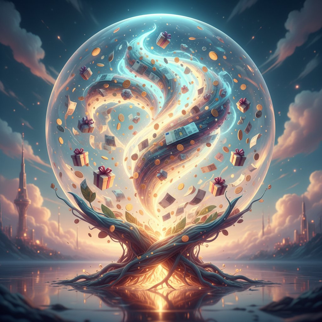 Kula z euro i paczkami, wizja przyszłości opłat celnych, surrealistyczna scena, jasne światło