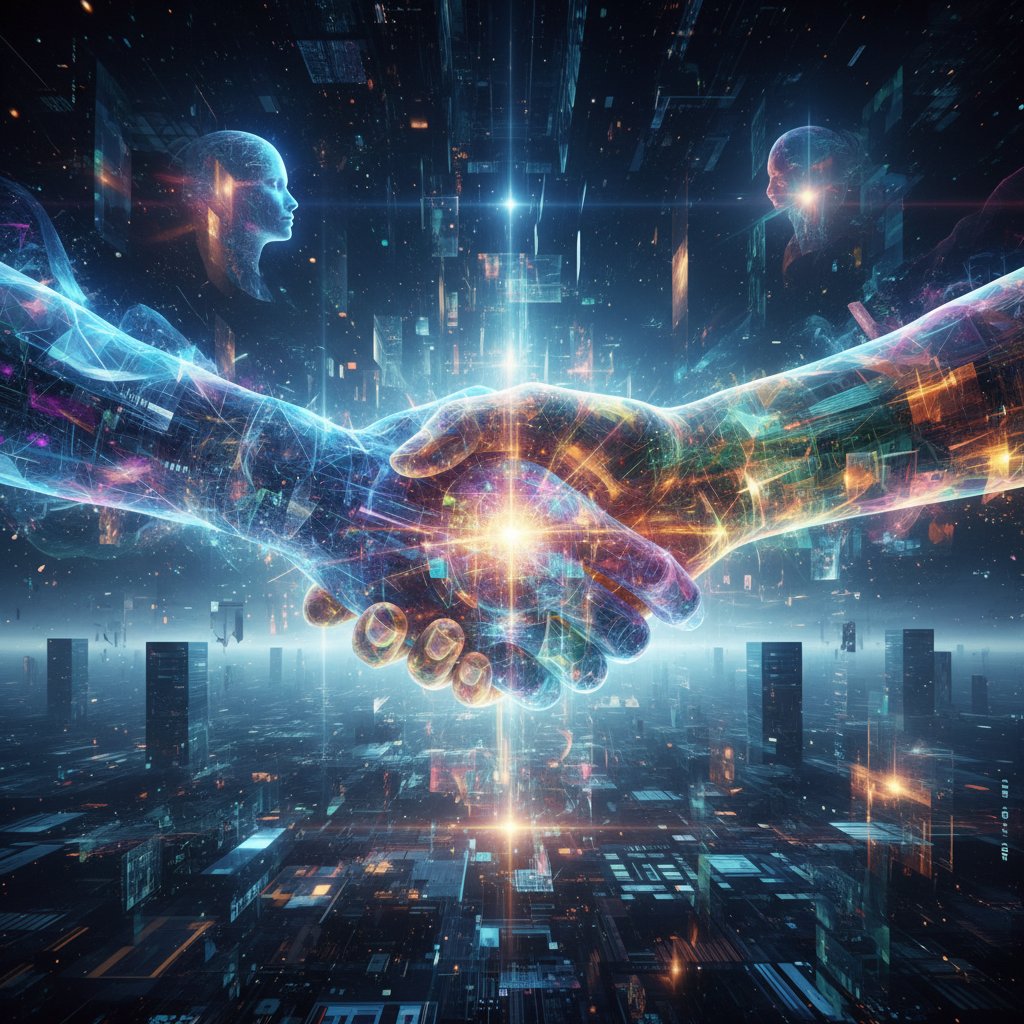 Surrealistyczny uścisk dłoni człowieka i AI