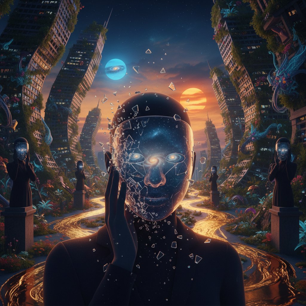 Zdejmowanie maski, odkrywanie prawdziwych emocji – surrealistyczna scena w miejskiej scenerii