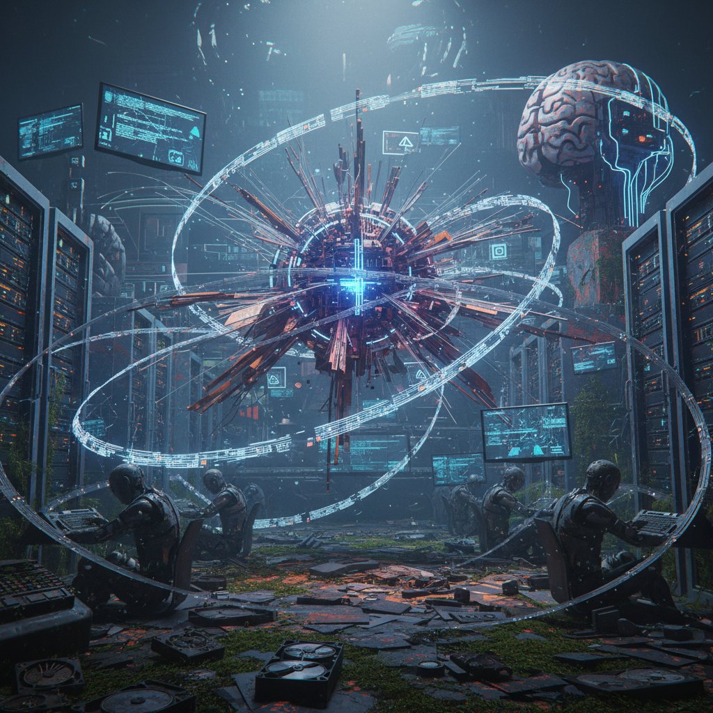 AI assistant entangled in complex email task management, representing the limits of current automation