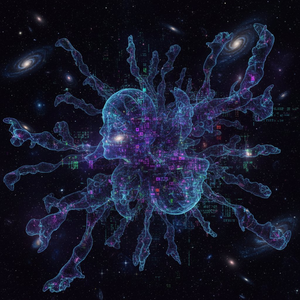 Mroczna wizja rozmnażających się twarzy AI, symbol niekontrolowanego rozwoju unlimited chatgpt