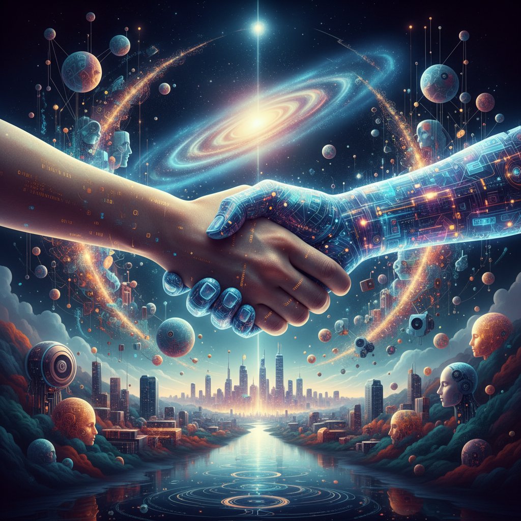Surreal AI-human handshake in a glowing digital landscape, hopeful atmosphere, imagining the future of AI-powered relationships