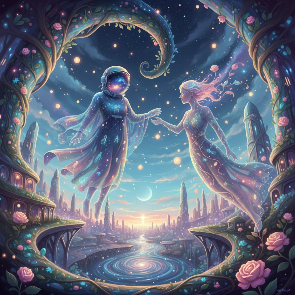 Astronaut and ghost reaching toward each other, representing genre mashup romance in love story movies