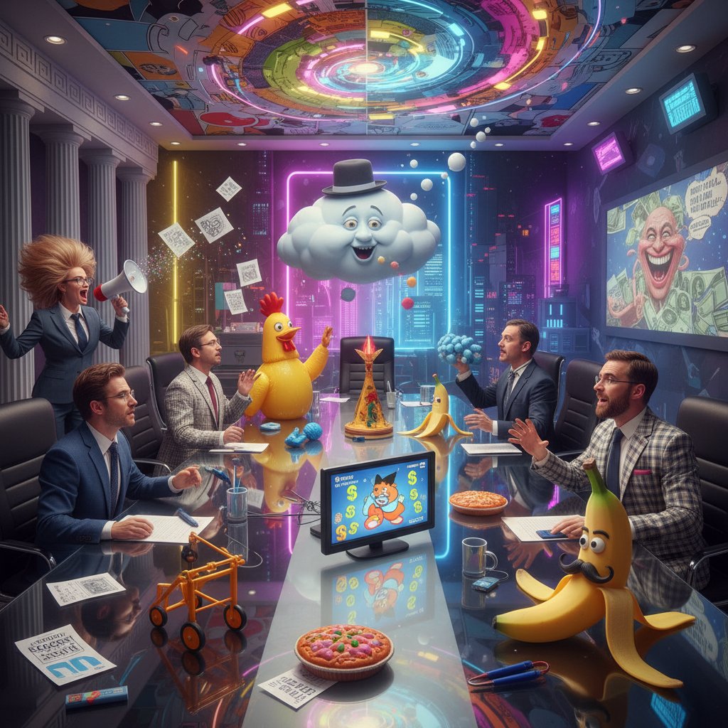 Surreal boardroom with marketers arguing over comedy campaign ideas, showing movie marketing hell comedy chaos