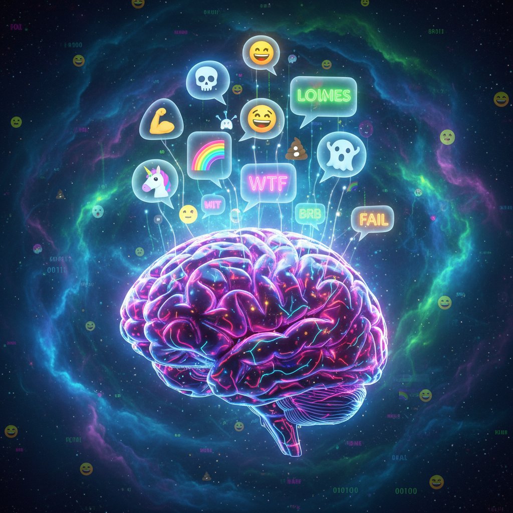 Mózg człowieka reagujący na humor w rozmowie online, kolorowe synapsy i emotikony