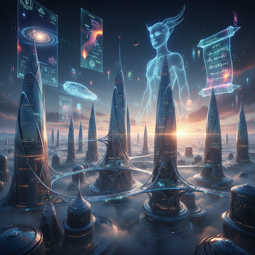 Surreal cityscape with holographic movie teaser projections, bold colors and visionary mood, representing the next era of teasers