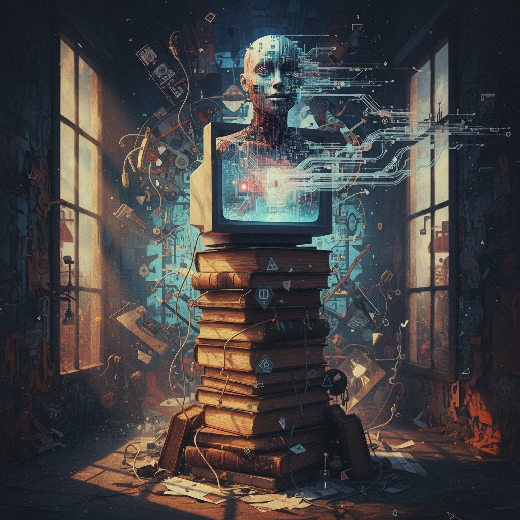 Postać AI wychodząca z ekranu komputera, wokół stare książki, surrealistyczny klimat