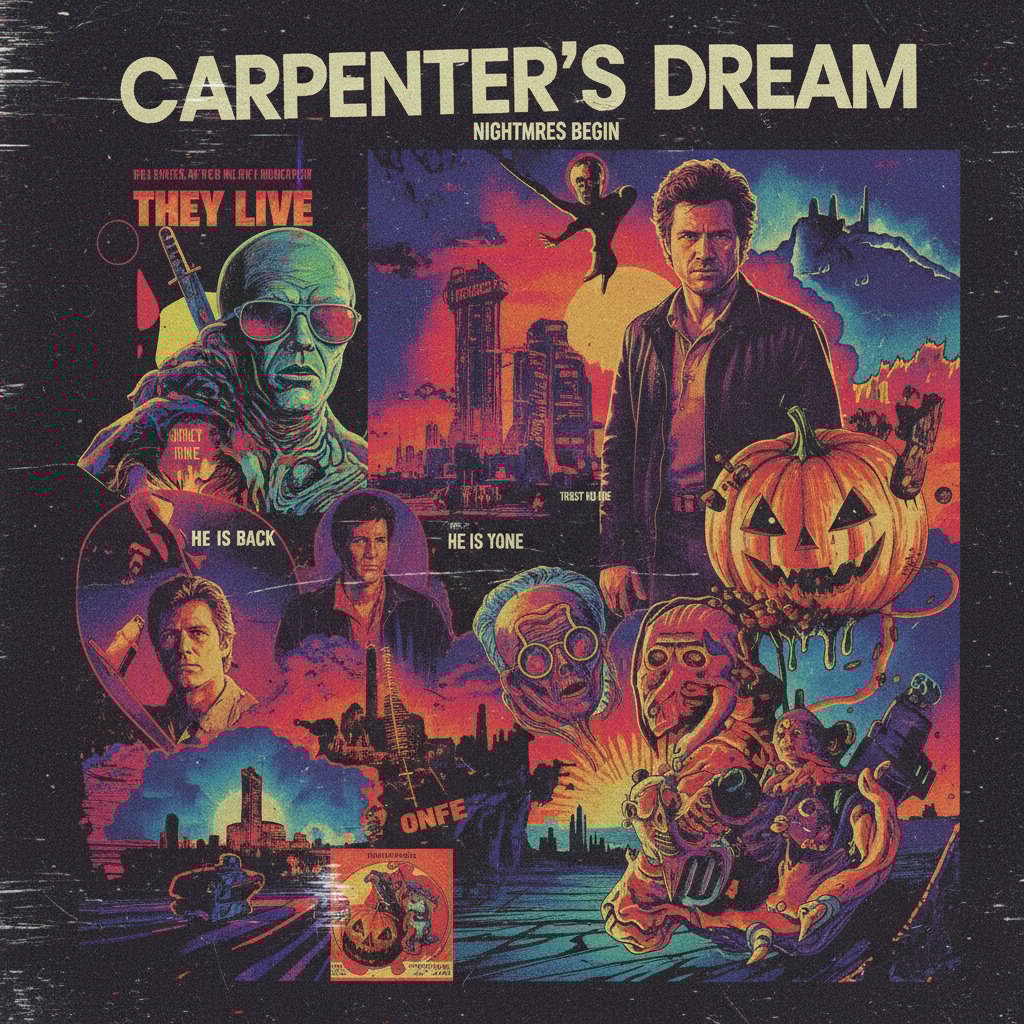 Surreal collage of Carpenter movie posters, VHS textures, bold colors, mysterious mood