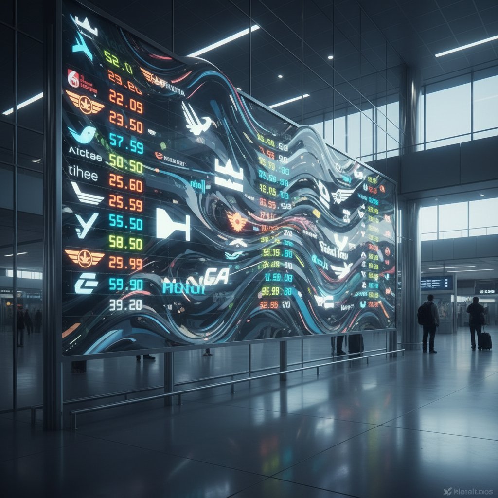 Surrealistyczne, cyfrowe wyświetlacze z logotypami linii lotniczych i zmieniającymi się cenami na tle terminala lotniska, nowoczesna estetyka