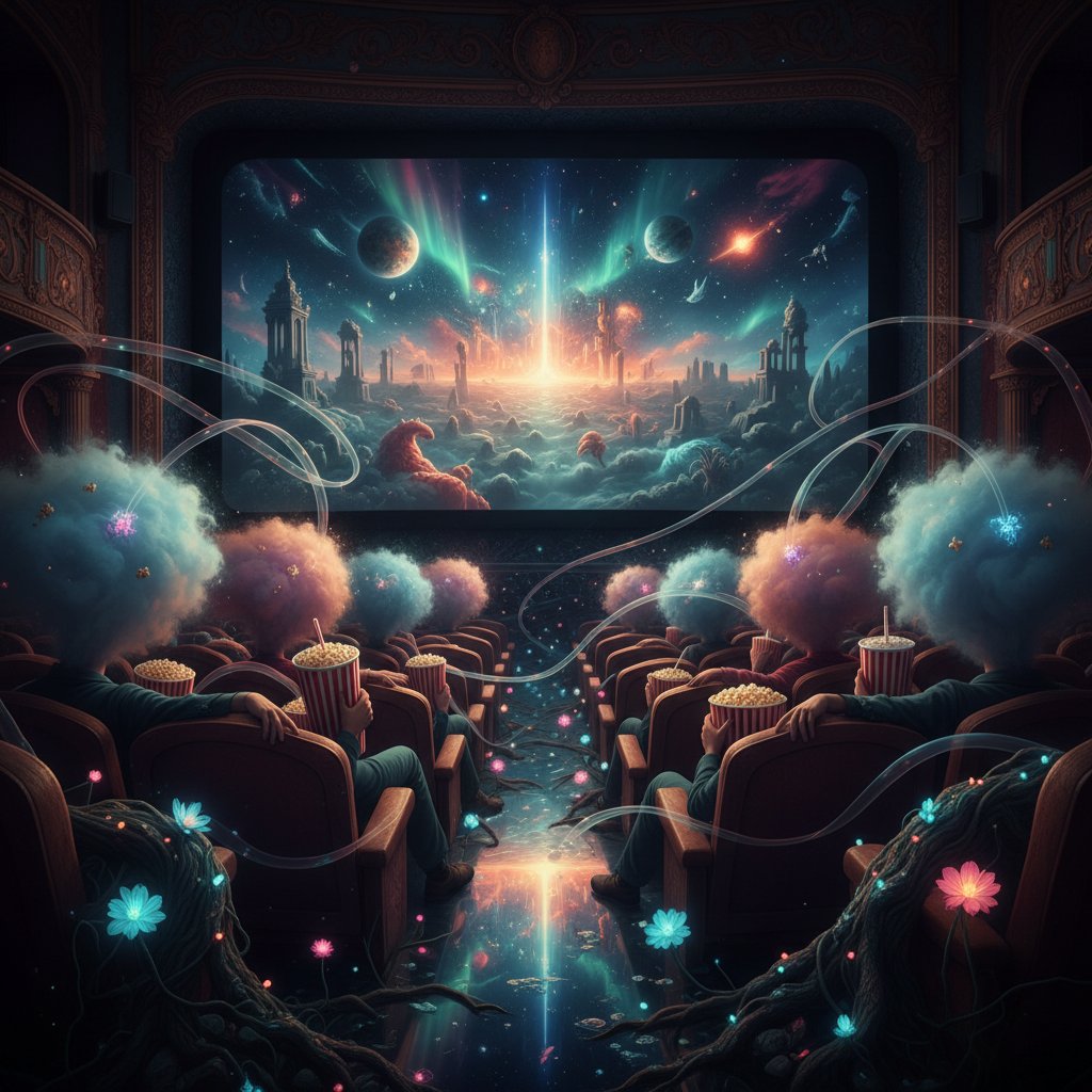 Surreal film audience emerging from a theater, dazed, neon-lit, viewers leaving a movie theater looking dreamlike and disoriented