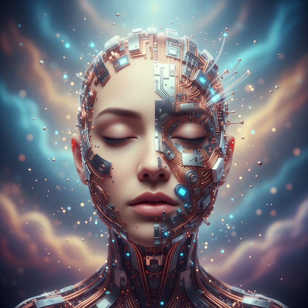 Twórcze połączenie ludzkiej twarzy i układów AI, symbolizujące wsparcie emocjonalne