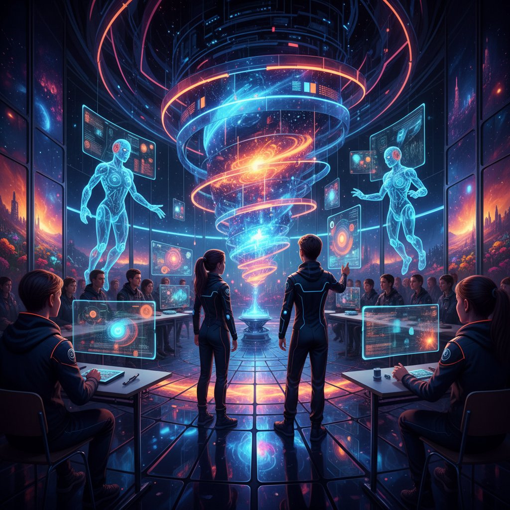 Zukunft des Klassenzimmers mit KI und Hologrammen: Surreale, leuchtende Szene, deutsche Schüler mit AI-Avataren