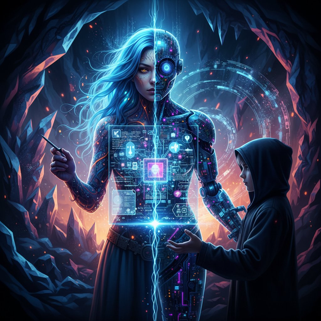 Surrealistyczny korepetytor pół-człowiek, pół-AI prowadzący ucznia przez cyfrowy interfejs, futurystyczny klimat, wysoki kontrast