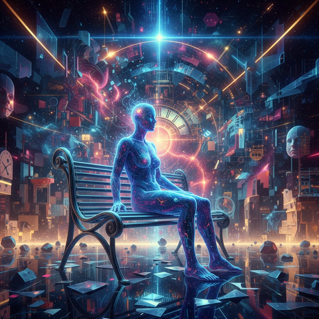 Człowiek i AI na ławce – symbol nowego wsparcia i cyfrowej walki z izolacją społeczną