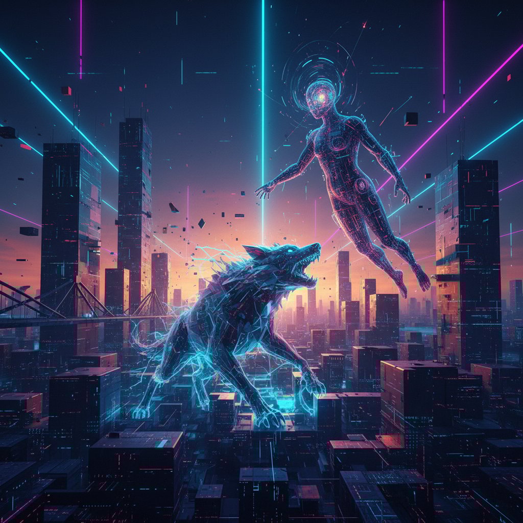 Człowiek naprzeciw cyfrowego zwierzęcia w wirtualnym mieście, surrealizm, wysoki kontrast