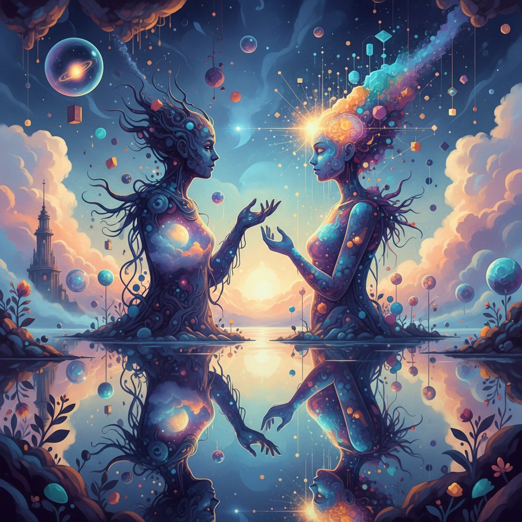 Mensch im Gespräch mit KI-Figur: Hoffnung in der digitalen Welt, Thema: Hilfe bei Einsamkeit online