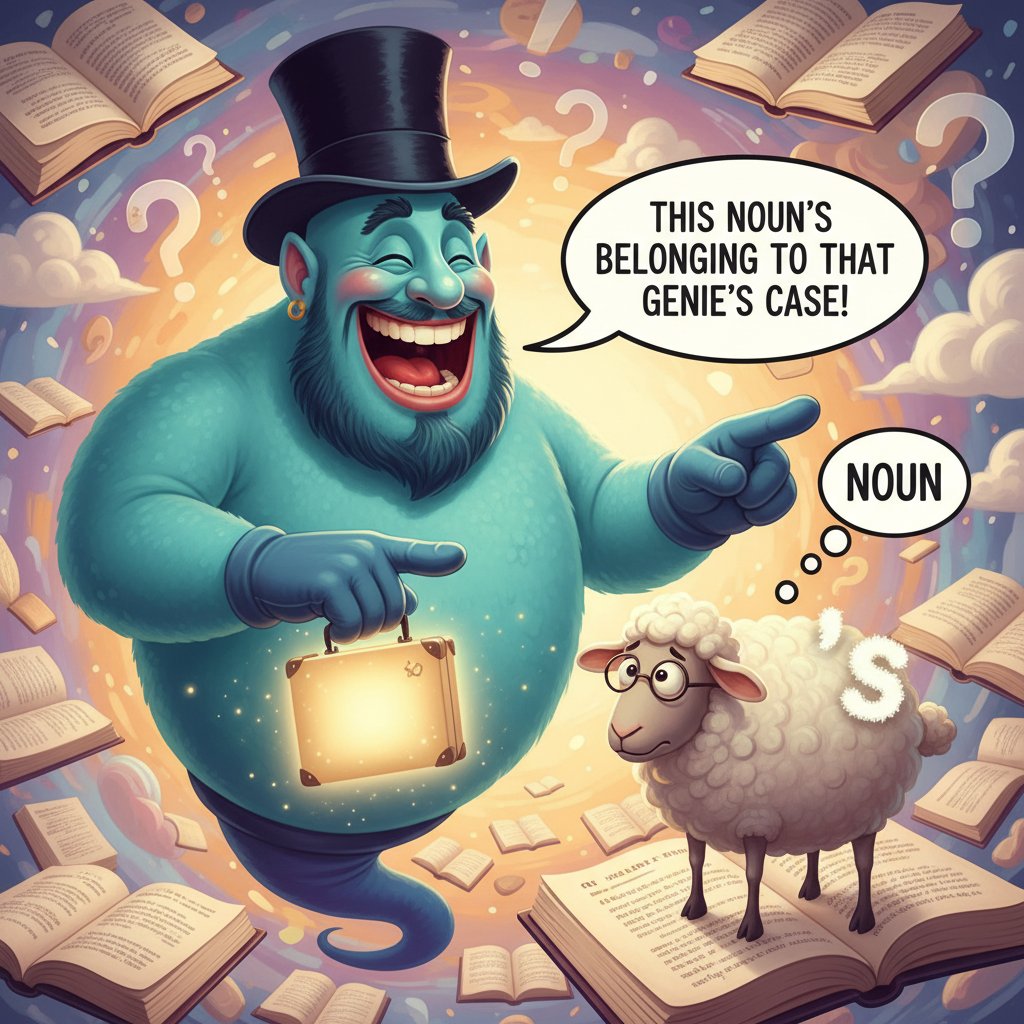 Kreatywna ilustracja przedstawiająca zabawne skojarzenia do nauki dopełniacza