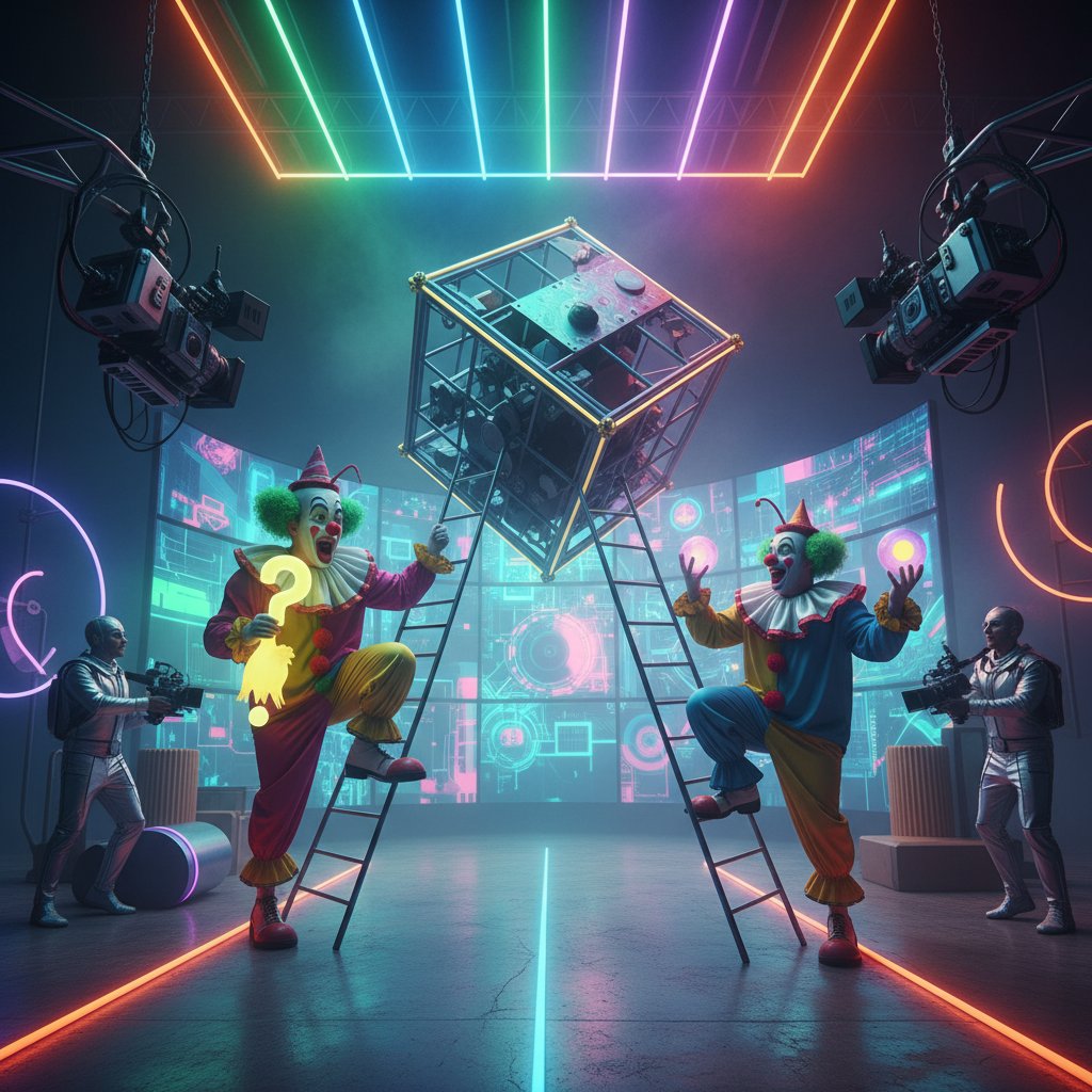 A stylized, abstract comedy film set with neon props and actors in comedic poses, surreal movie set