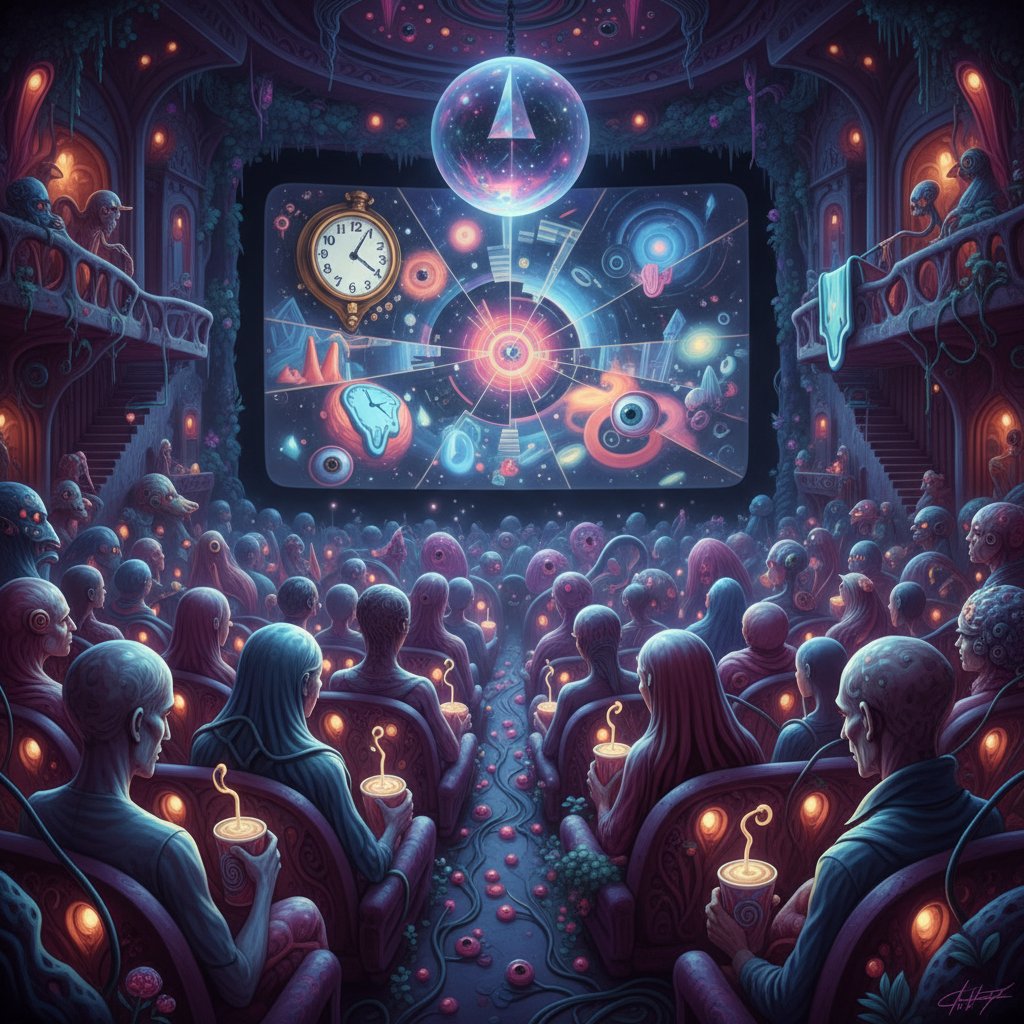 Moody movie theater with surreal visuals, experimental cinema vibes