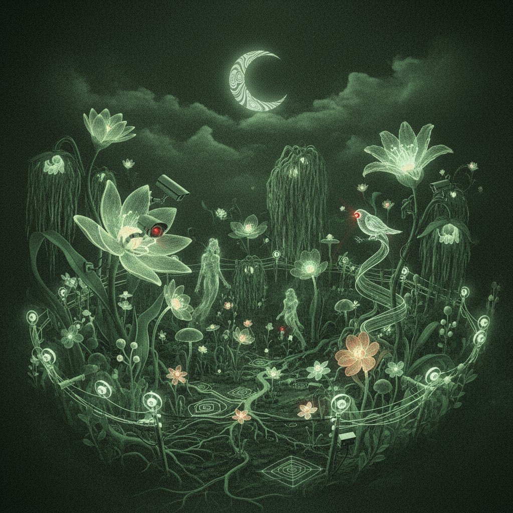 Ogród pod dyskretnym nadzorem elektronicznym w nocy