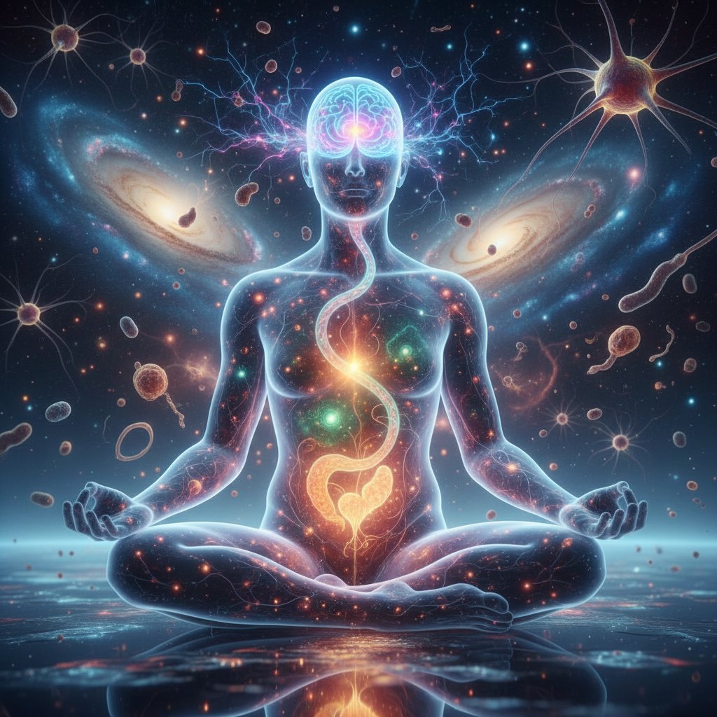 Symboliczne połączenie jelit i mózgu przez nerw błędny – osoba z poświatą łączącą brzuch i głowę