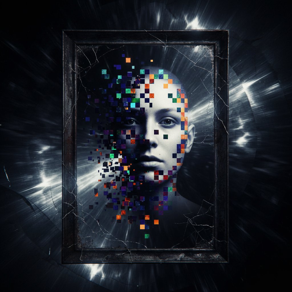 Lustro z ludzką twarzą przechodzącą w piksele – AI w kulturze, uprzedzenia, wartości