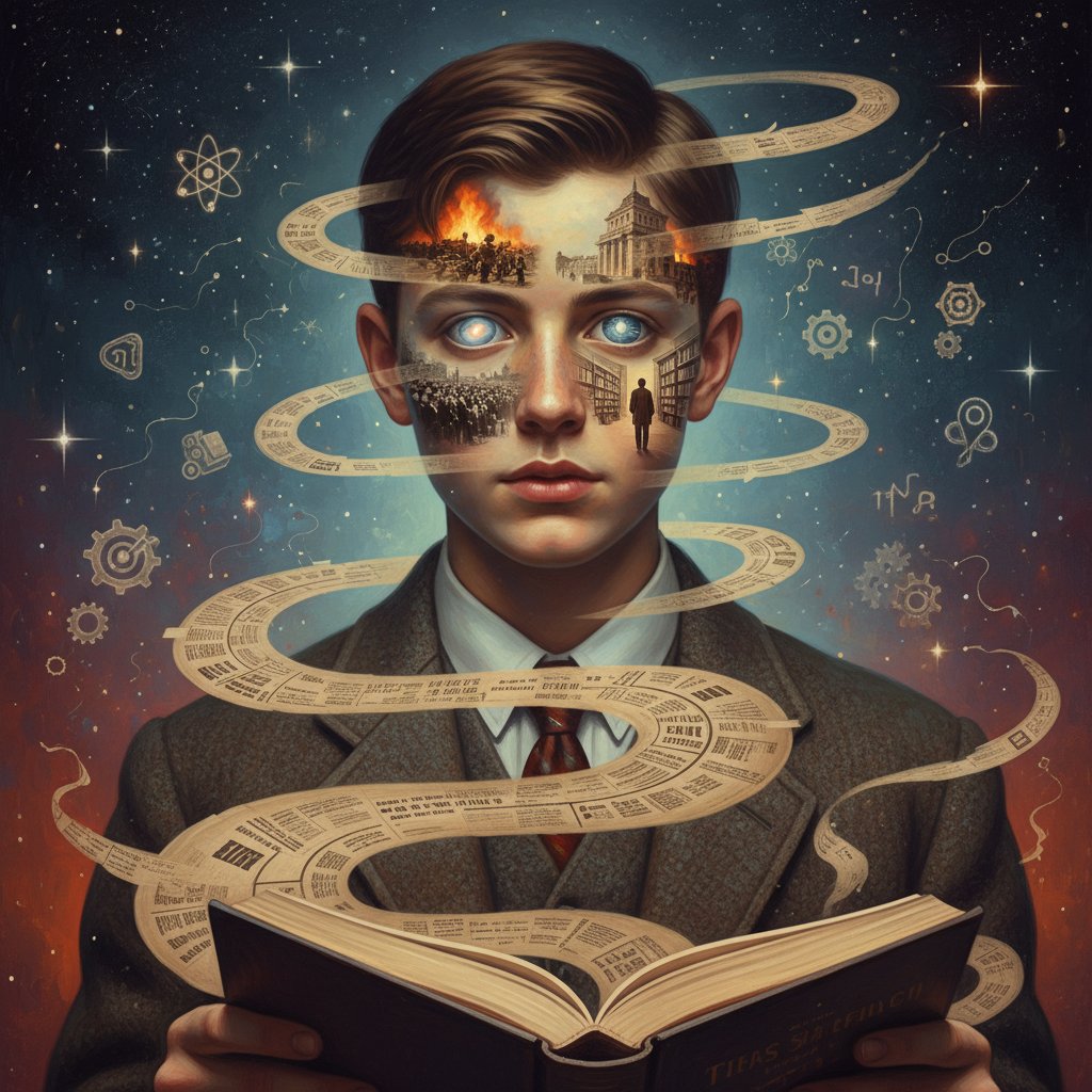 Uczeń, na którego twarzy wyświetlają się wydarzenia historyczne