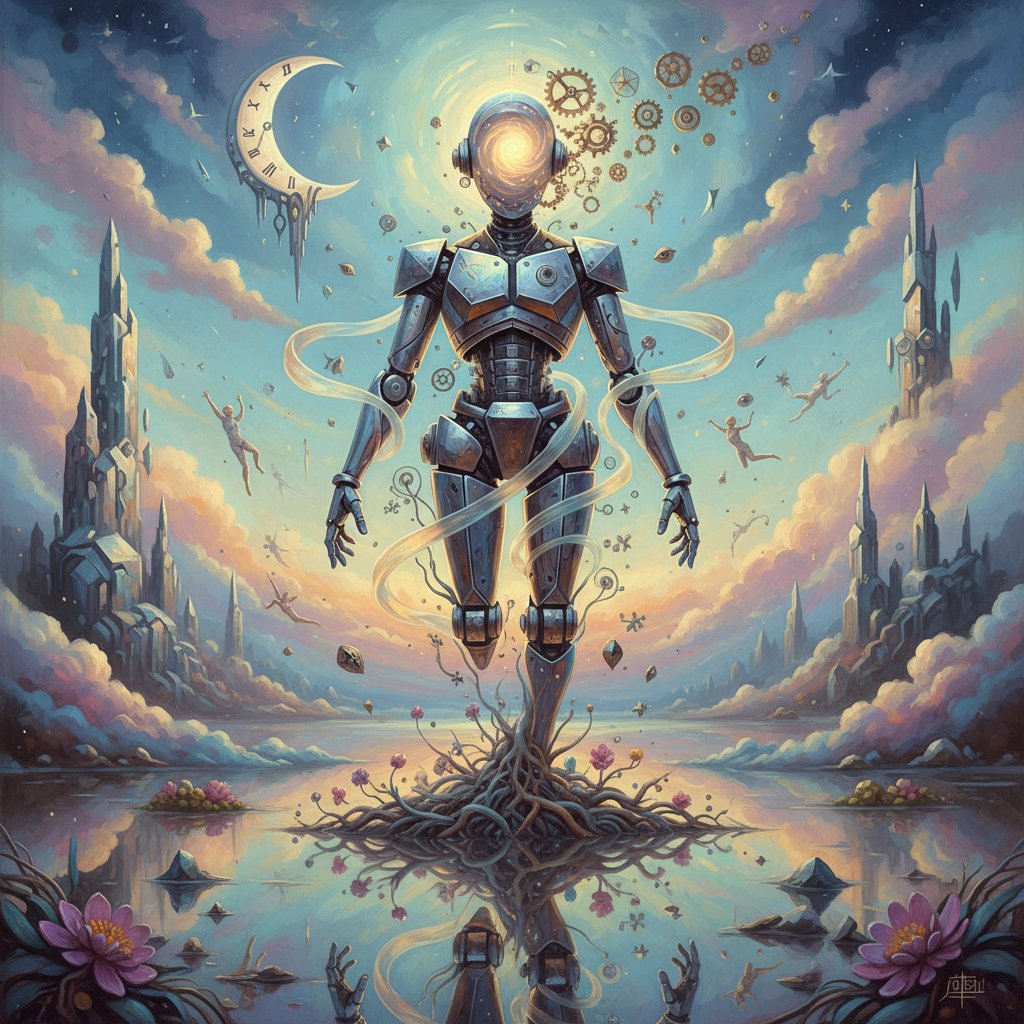 Surrealistyczny robot śni na tle abstrakcyjnych kształtów