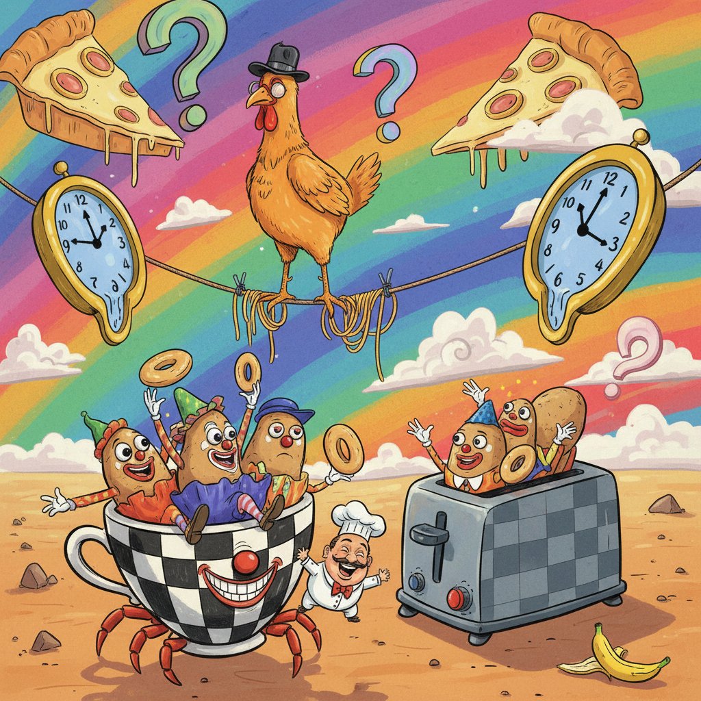 Surreal scene from a genre-blending comedy, stylized lighting, 16:9