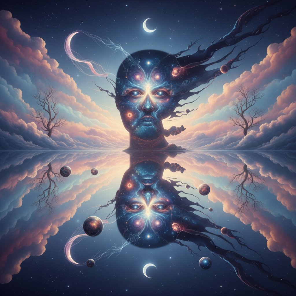 Surreal, shadowy still inspired by 'Meshes of the Afternoon,' featuring mirrored faces and layered shadows