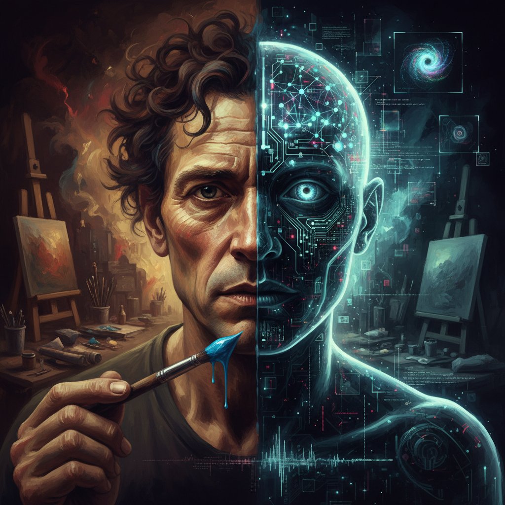 Portret artysty i sztucznej inteligencji w jednej osobie, symbol dylematów AI