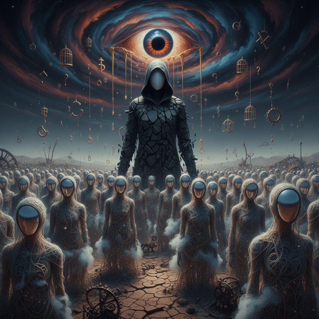 Surrealistyczna scena: anonimowa postać w tłumie, symbolizująca alienację i poszukiwanie autentyczności