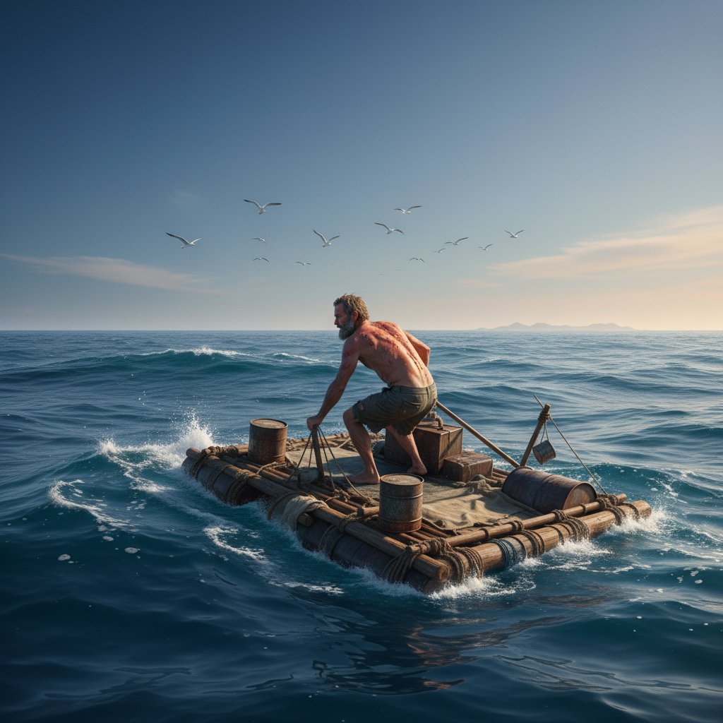Man adrift in the ocean during a survival film, classic survival movie scene