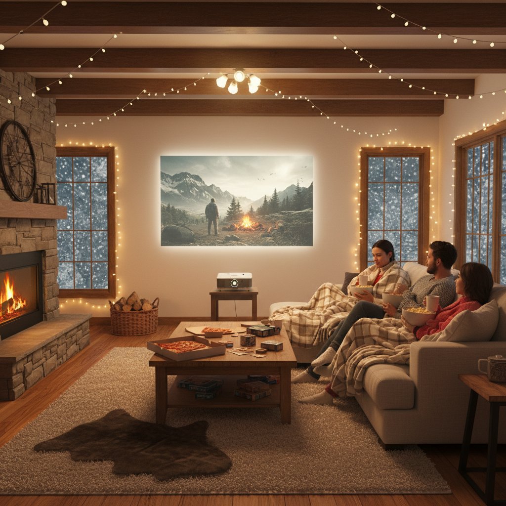 A group of friends sitting in a cozy room, planning a survival movie marathon with snacks and a projector