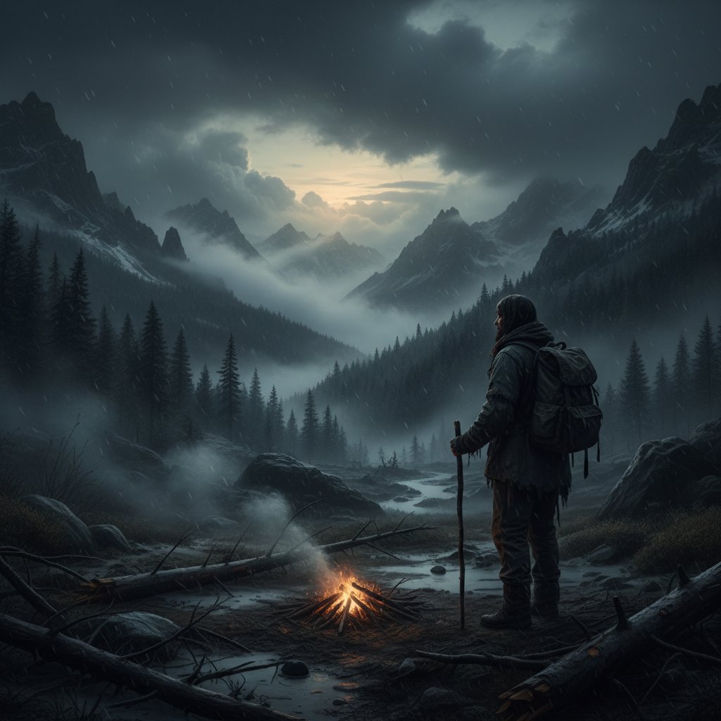 A lone figure faces a dramatic wilderness storm in torn clothes, symbolizing the resilience shown in survival movies