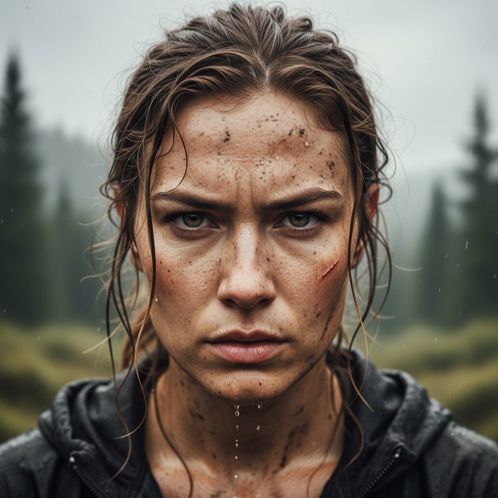 Close-up of a determined face, caked in dirt and sweat, symbolizing the human struggle in classic survival movies