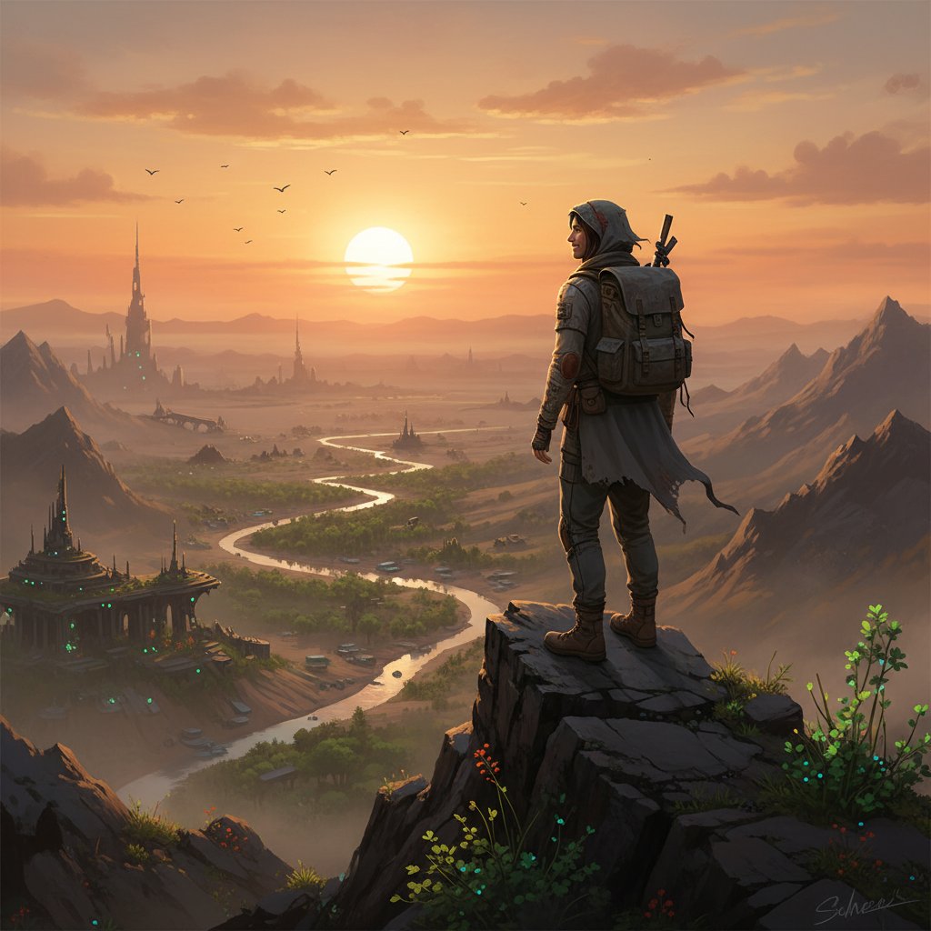 Hopeful survivor at dawn after enduring hardship, sunrise over a battered landscape