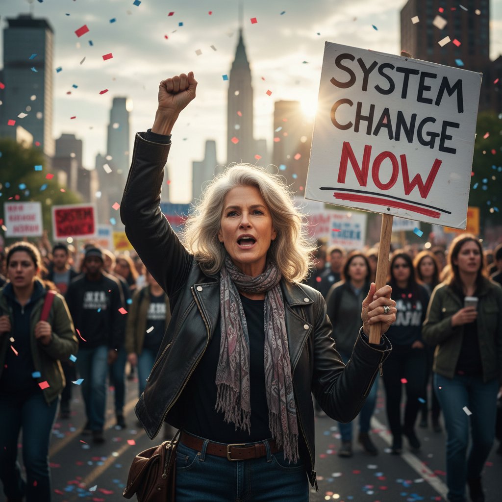 Susan Sarandon as a cultural activist, symbolic photo, empowerment, protest energy, strong expression