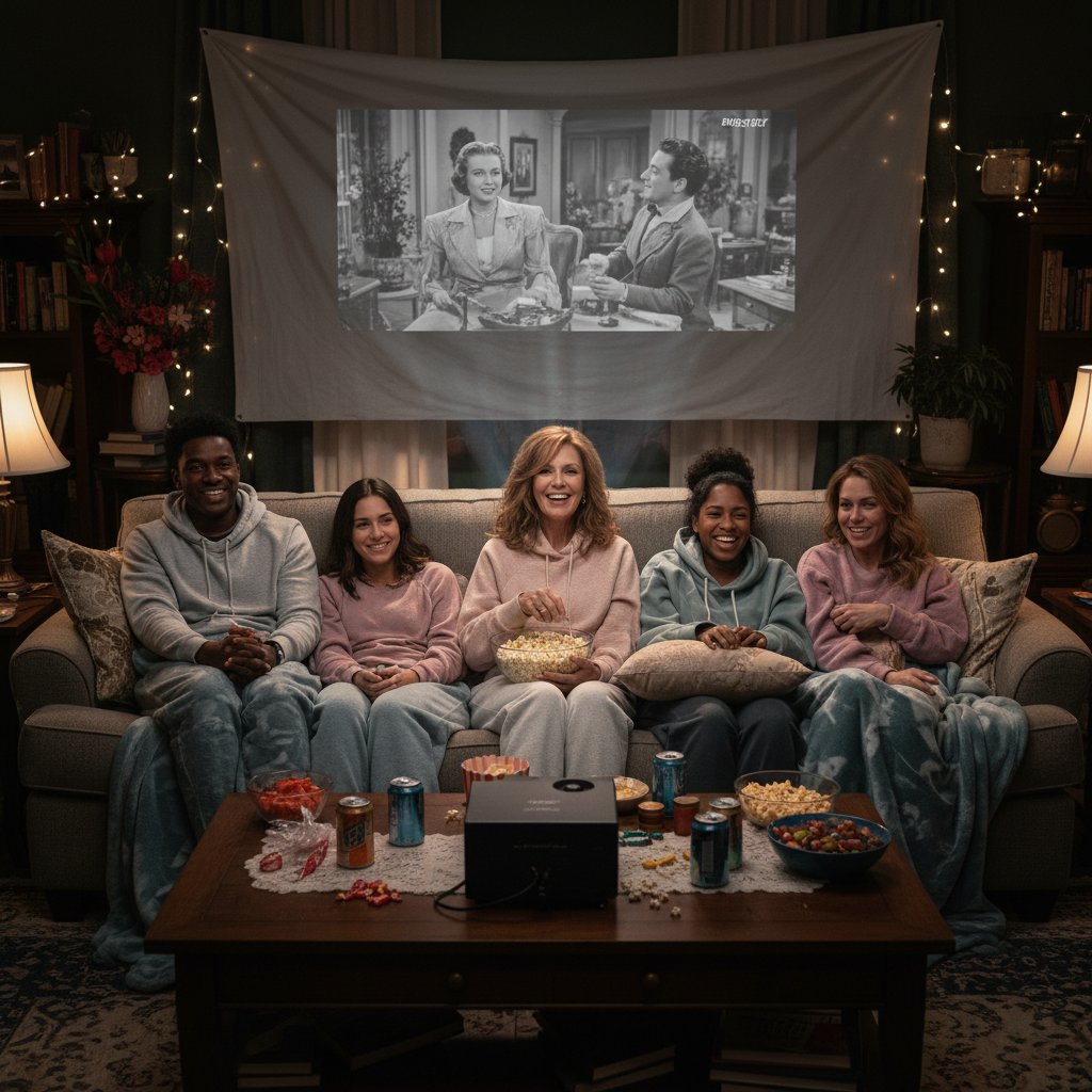 Group enjoying a Susan Sarandon movie marathon, cozy atmosphere, friends watching classic cinema