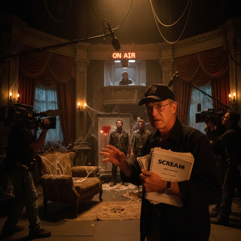 Moody, suspenseful TV set, 1990s, with scripts and monitors. Alt: Wes Craven directing for television.