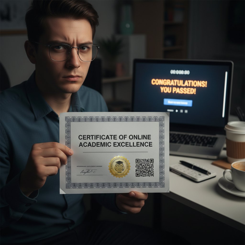 Osoba otrzymująca podejrzanie wyglądający certyfikat online, z podejrzliwym wyrazem twarzy