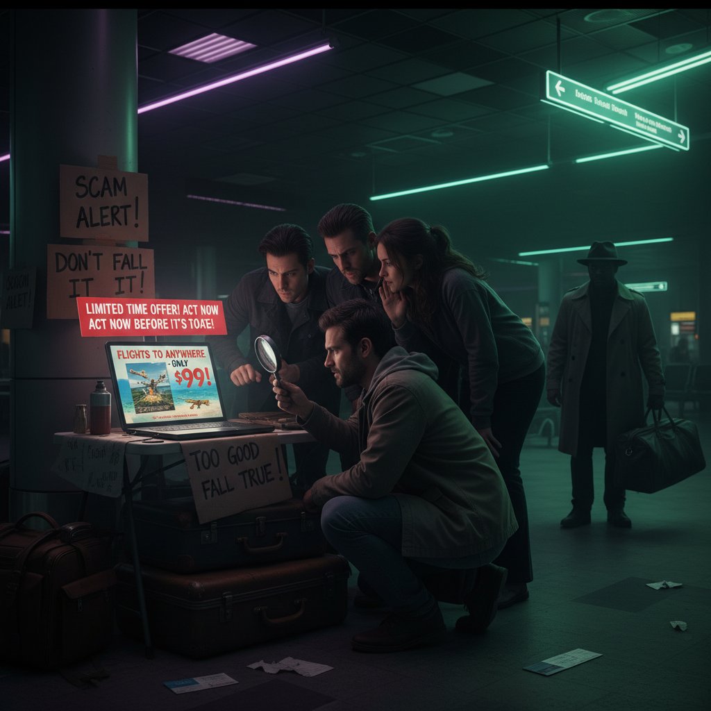 Travelers confused by suspicious online flight promotion on laptop, showing warning signs